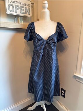 LA Relaxed Twist Front Puff Sleeve Eyelet Mini Dress Chambray NWT